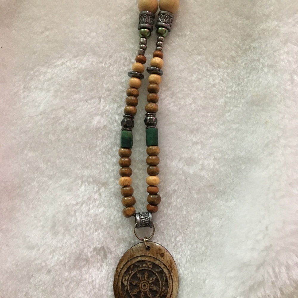 Artisan Beaded Necklace with Wooden Pendant